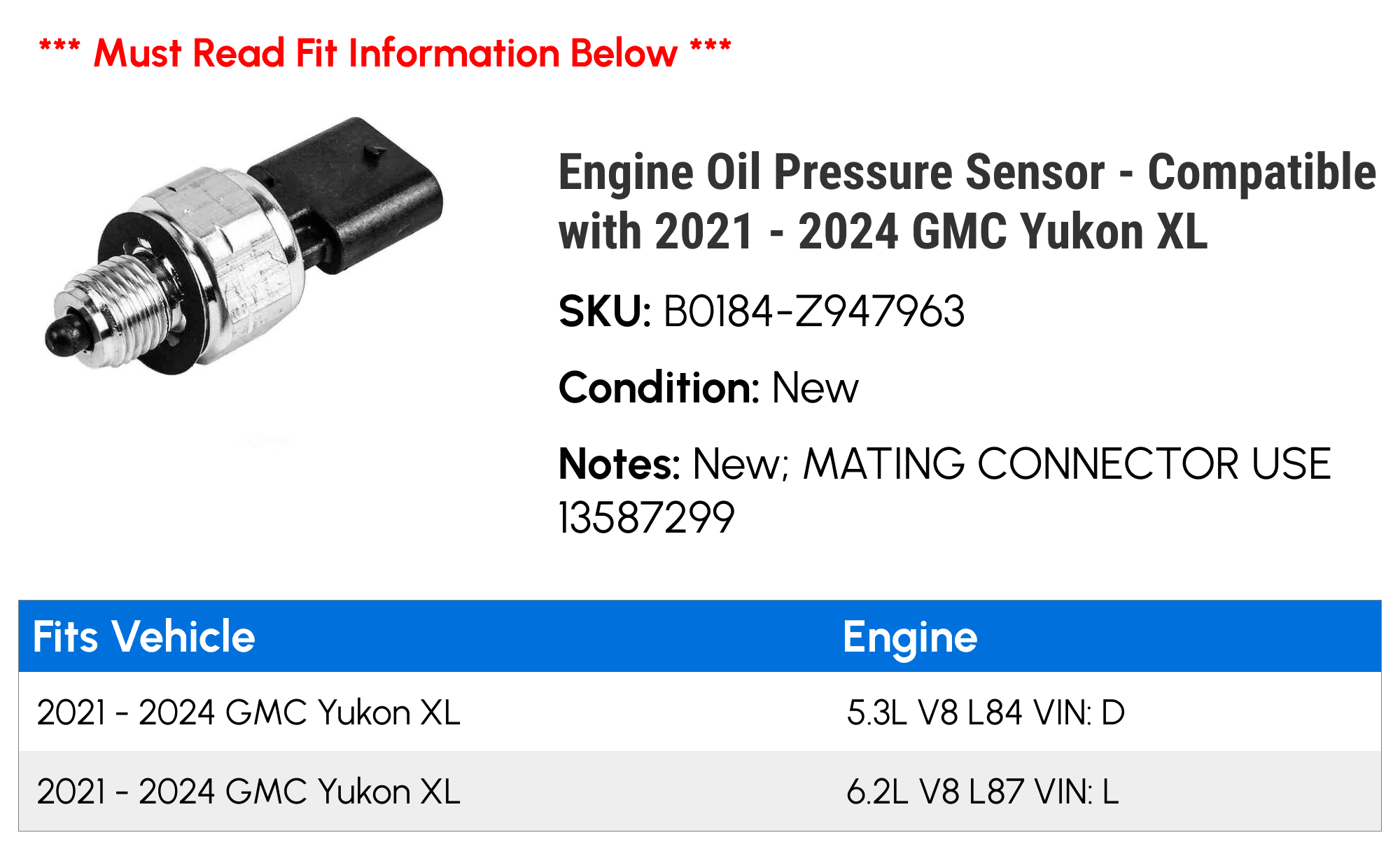 Engine Oil Pressure Sensor - Compatible with 2021 - 2024 GMC Yukon XL - AC Delco