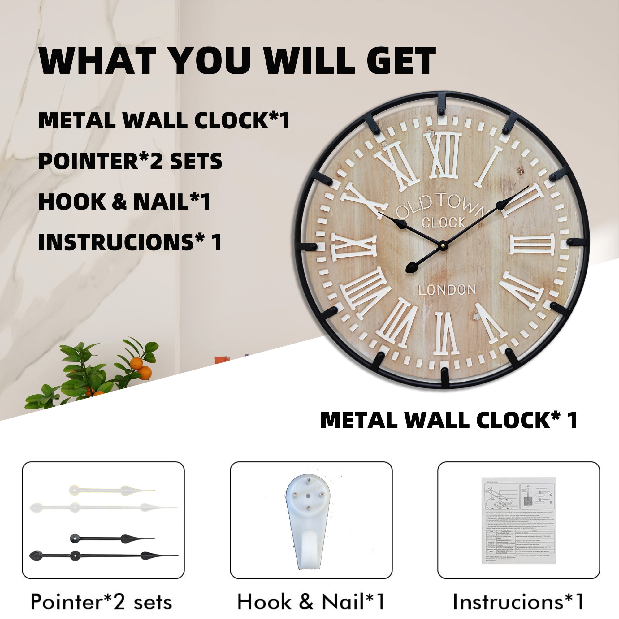 24 Inch Large Metal Frame Farmhouse Rustic Wooden Wall Clock with Engraved Roman Numbers