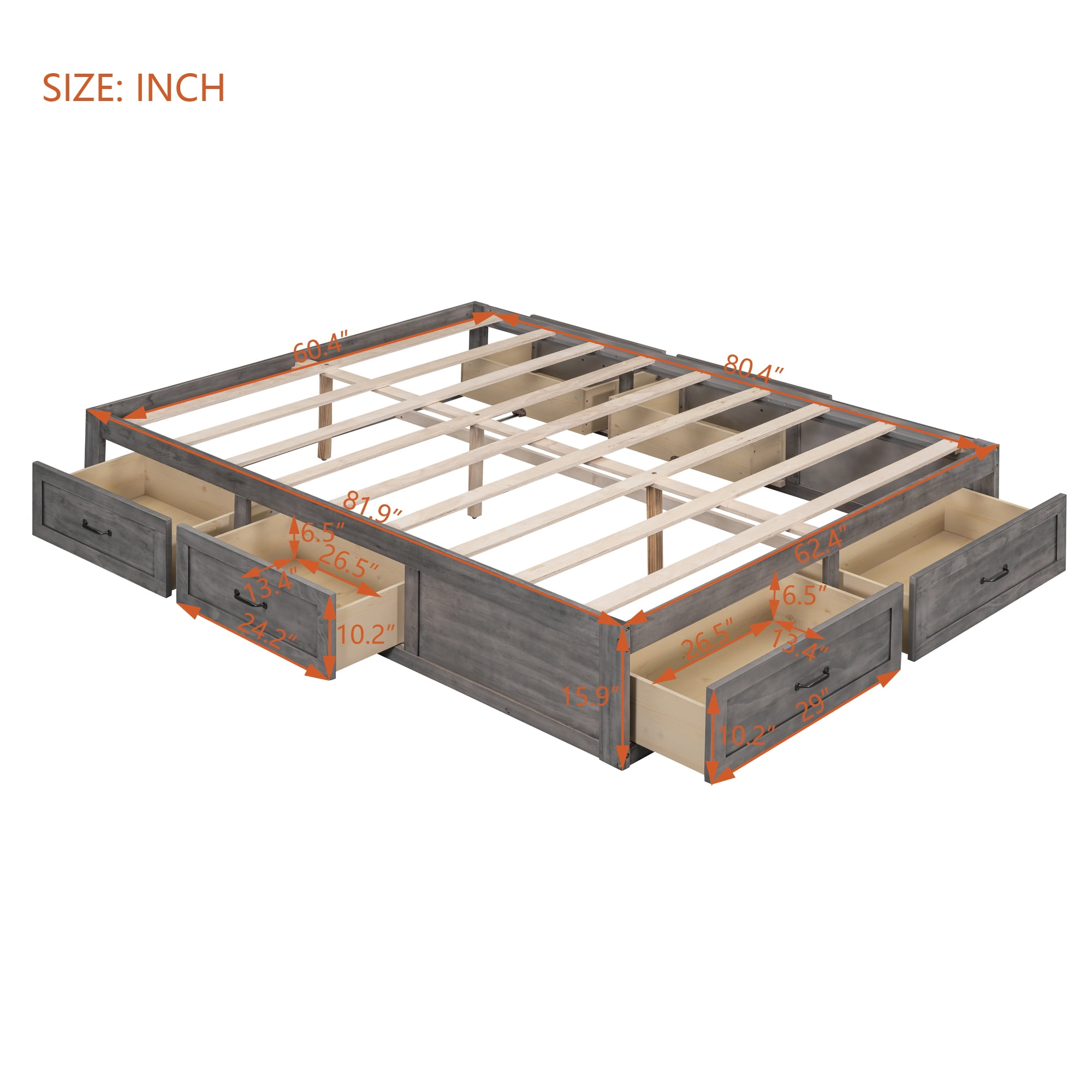 Euroco Wood Queen Size Platform Bed with 6 Drawers for Kids Teens Adults, Antique Gray