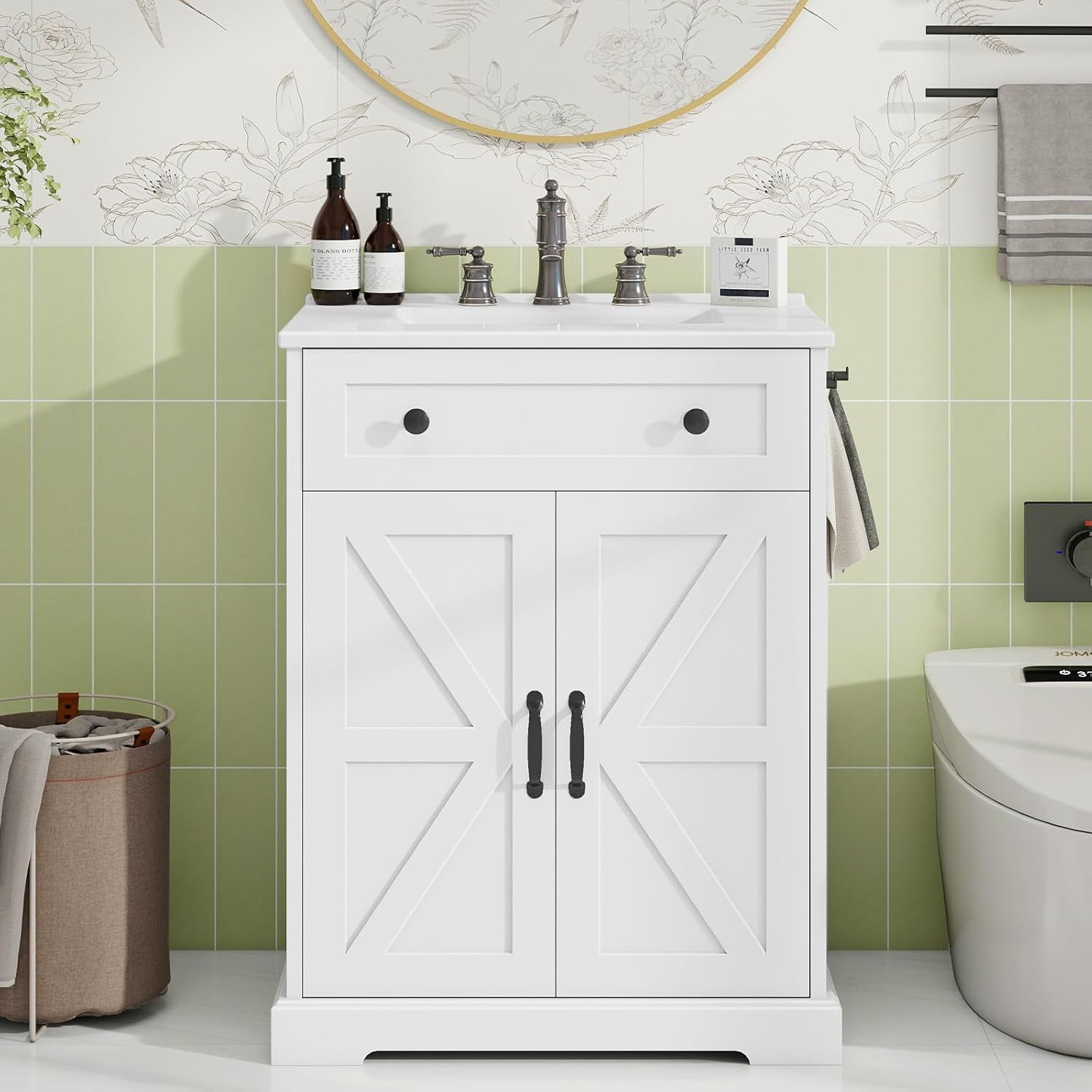VEANERWOOD 24" Bathroom Vanity with Sink Set, Farmhouse Bathroom Cabinet with Flip Drawer and Doors, White