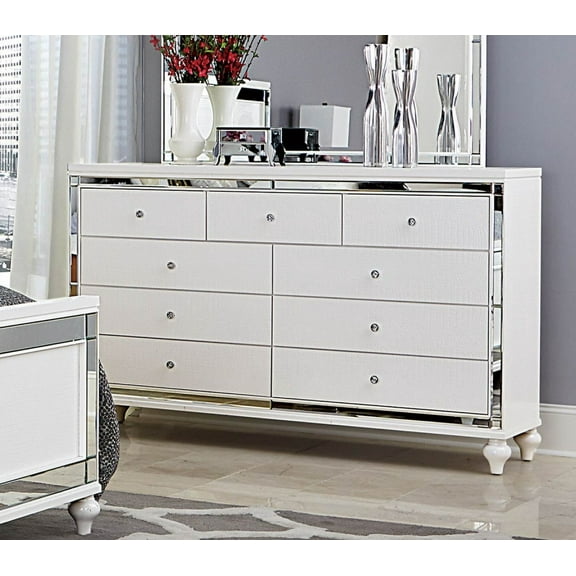 Ashland 9 Drawer Dresser in Modern White Embossed Alligator & Mirror