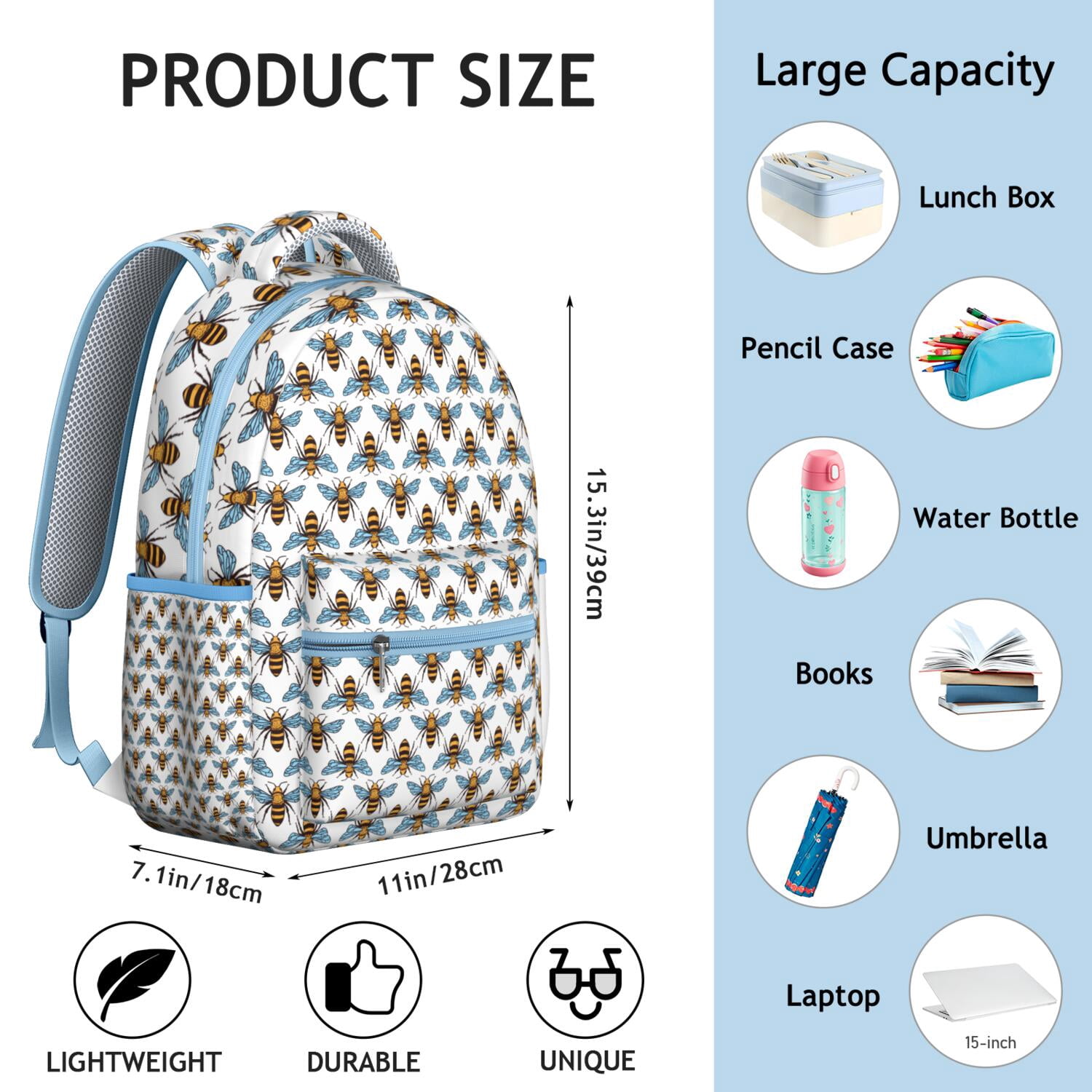 Bees & Daisies Backpack&nbsp;- Fashionable School Bookbag for Girls & Boys, Lightweight Laptop Bag with USB-Free Design, Spacious Interior, Bee Print Gift