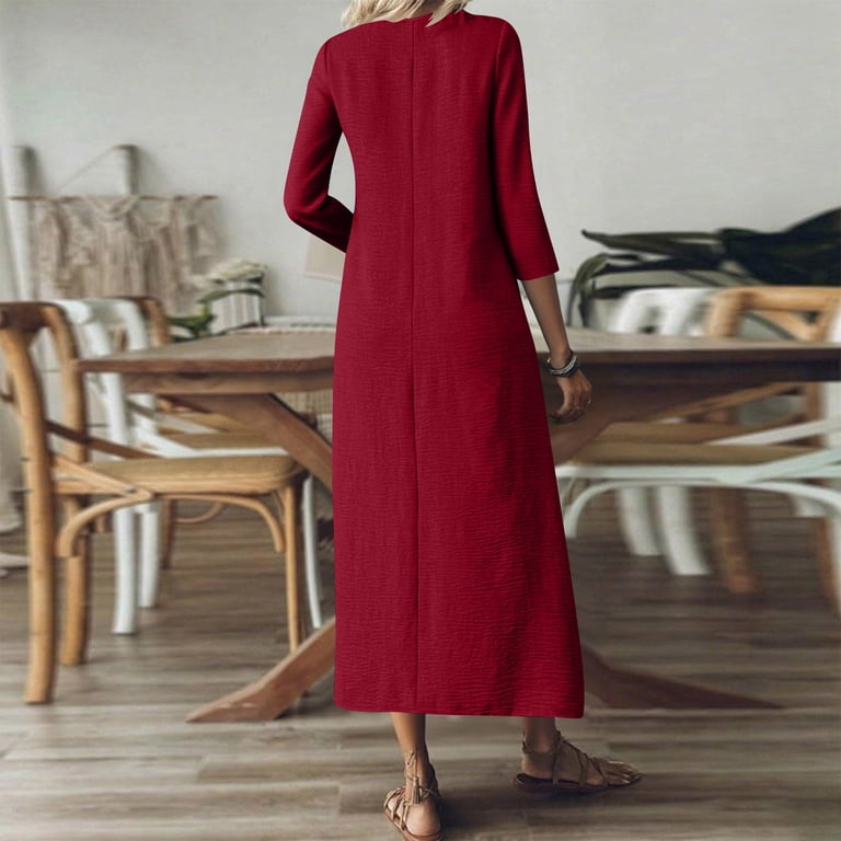 Npasoilc Long Dresses for Women V-Neck 3/4 Sleeve Zipper Down Dress Casual Loose Ruffle Tiered Pleated Dress with Pockets, Women's, Size: Large