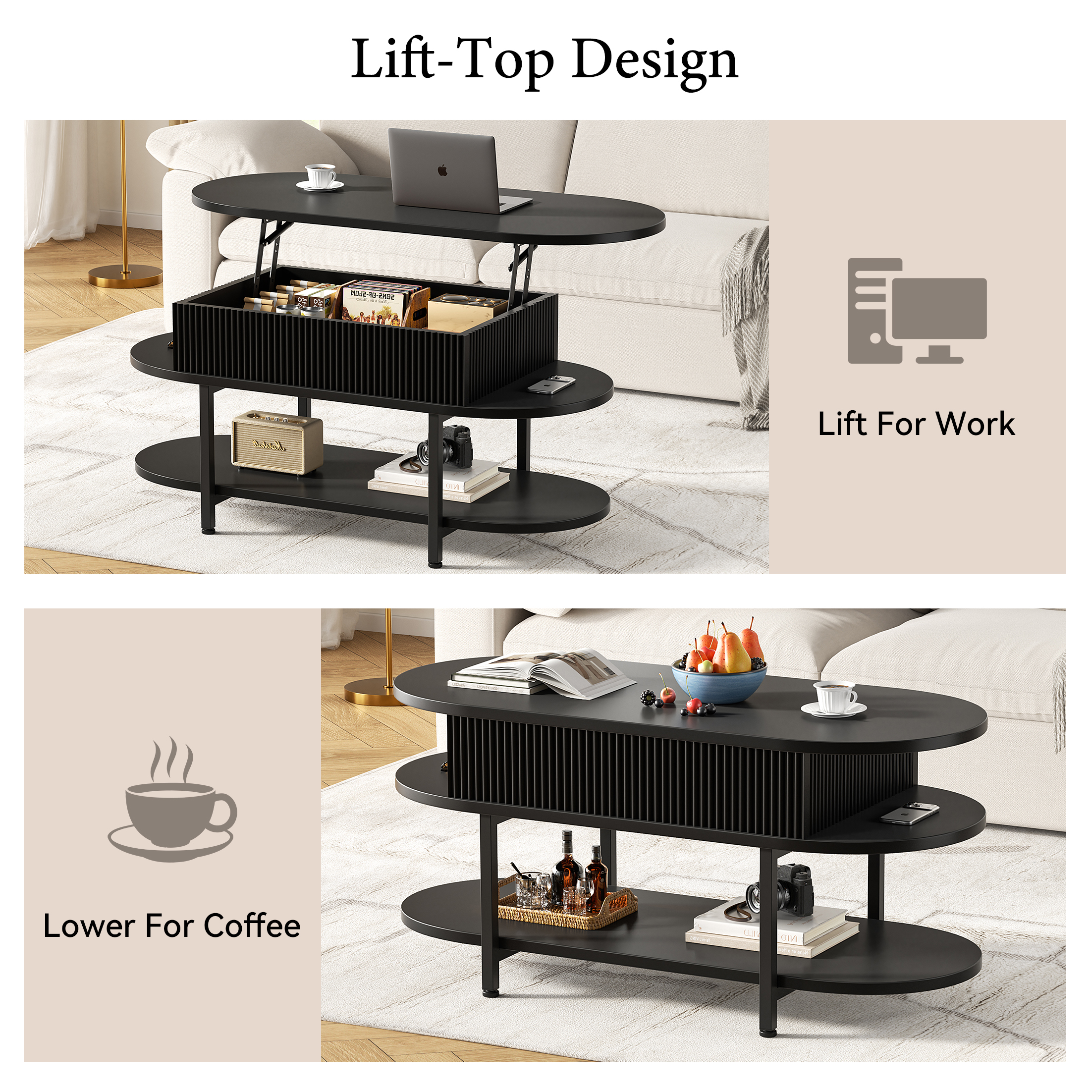 GUNAITO Lift Top Coffee Table with Storage, Modern Farmhouse Center Table with Shelf 3 Tier for Living Room, Black
