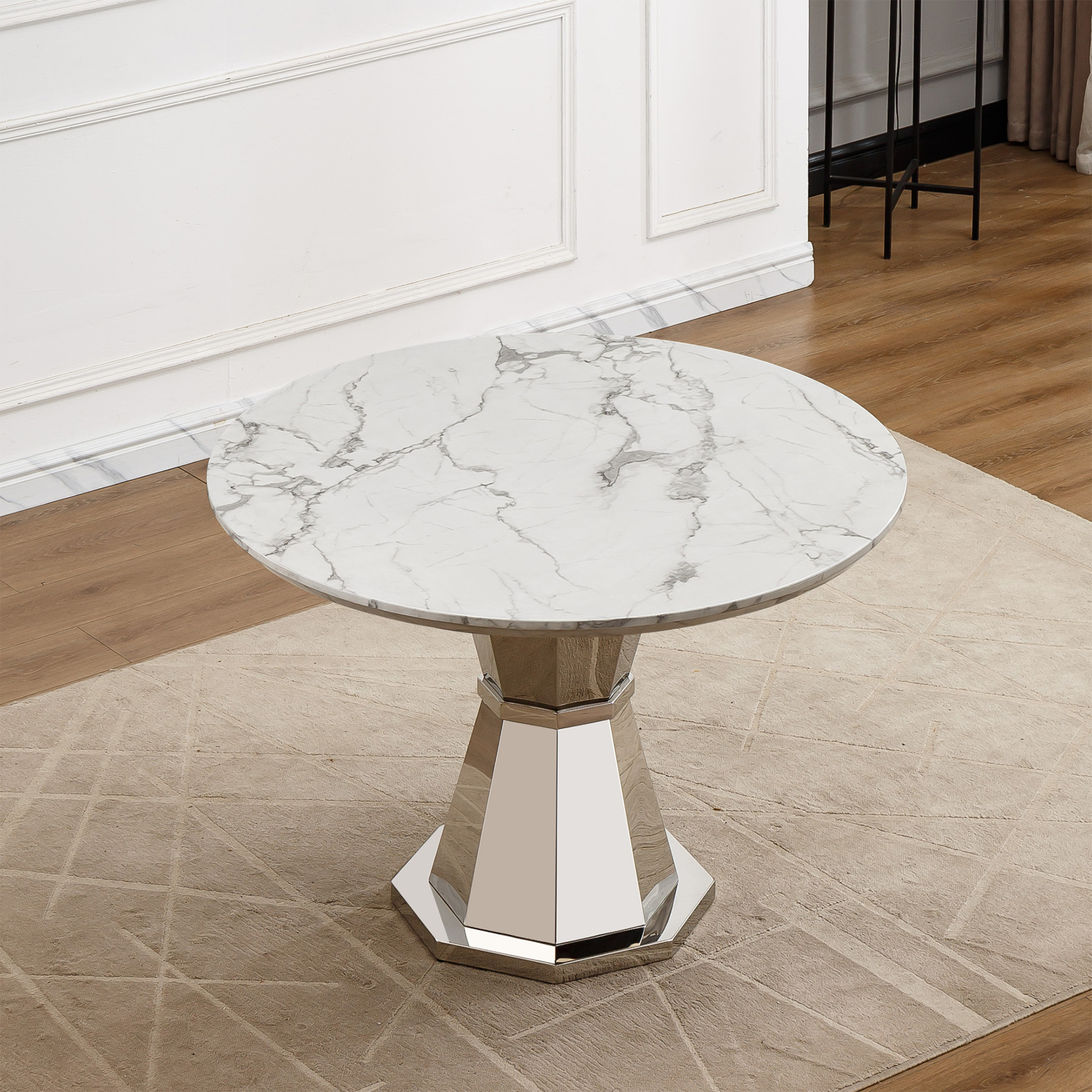 Noble House Modern 47" Round Faux Marble Dining Table with Stainless Steel Base, for Kitchen, Gloss White & Silver