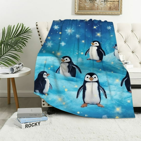 COMIO Penguin Blanket Gifts - Cute Throw Blanket for Kids, Girls & Boys - Blue Soft Fuzzy Blankets for Couch, Sofa & Bed