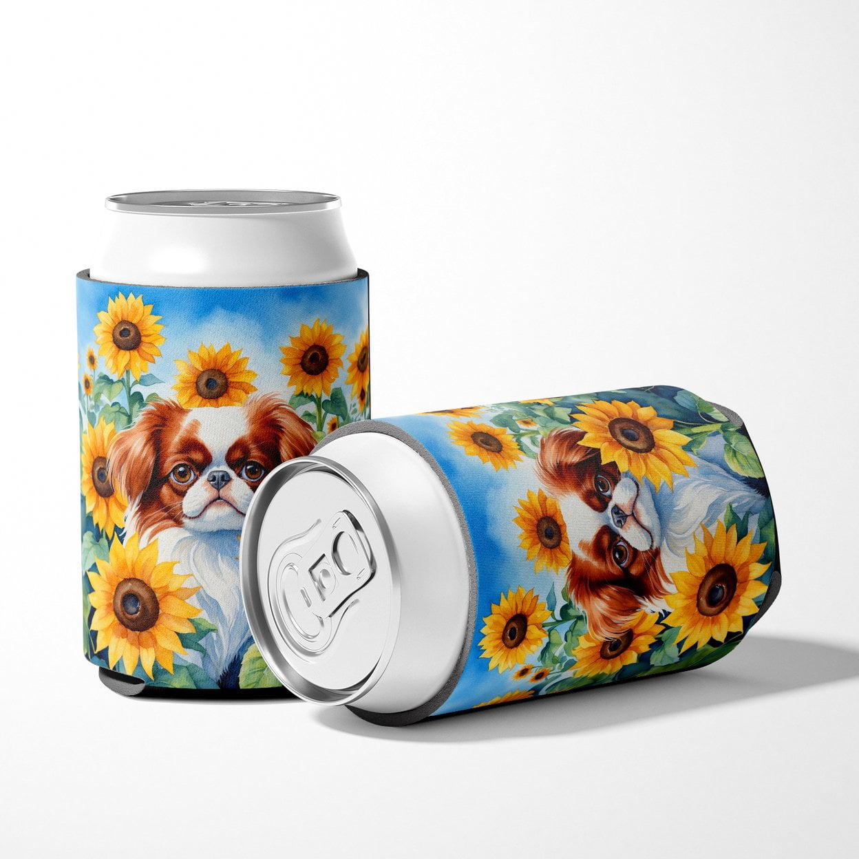 Japanese Chin in Sunflowers Can or Bottle Hugger 3 in x 5 in
