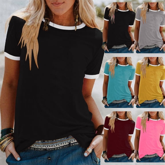 Trendfront Womens Contrast Ringer Tee Classic Relaxed Fit Soft Pullover Fashion Summer Crewneck T Shirts Short Sleeve Daily Wear Tops