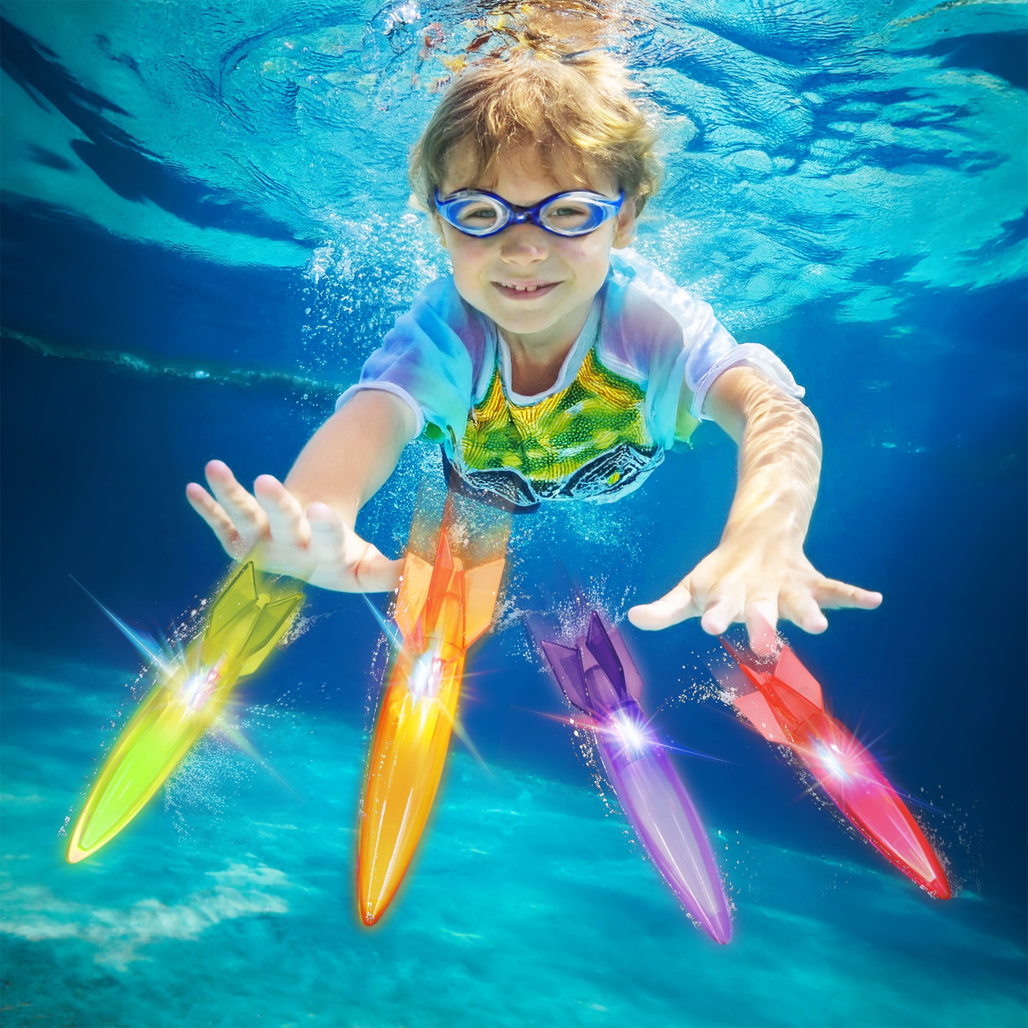 Play Day Light-Up Torpedoes 4-Pack Kids Pool Underwater Dive Toys Summer Family Fun, Ages 3+