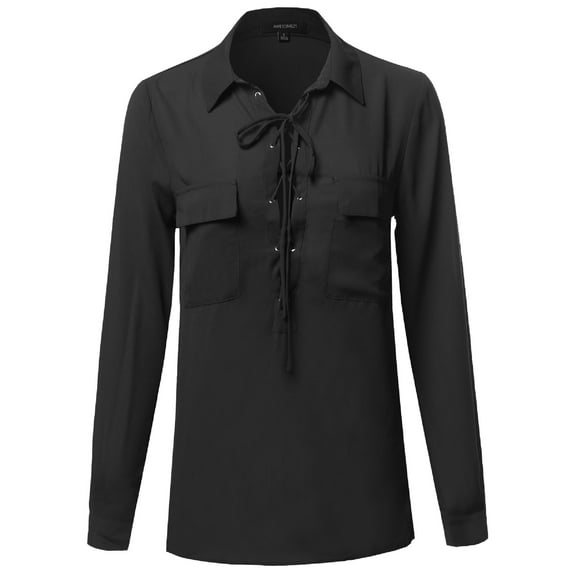 FashionOutfit Women's Long Sleeve Lace Up Two Chest Pockets Wool Dobby Collar Top