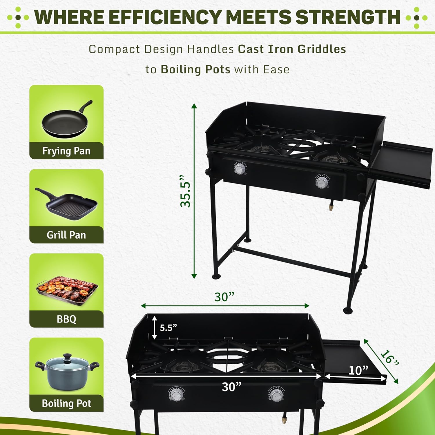 SONRET - Double Burner Propane Outdoor Camping Stove - with Side Shelf & Wind Panel
