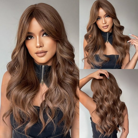 SUCS 24 Inch Natural Synthetic Brown Water Wavy Wigs With Bangs Brown Wave Hair Wig For Women