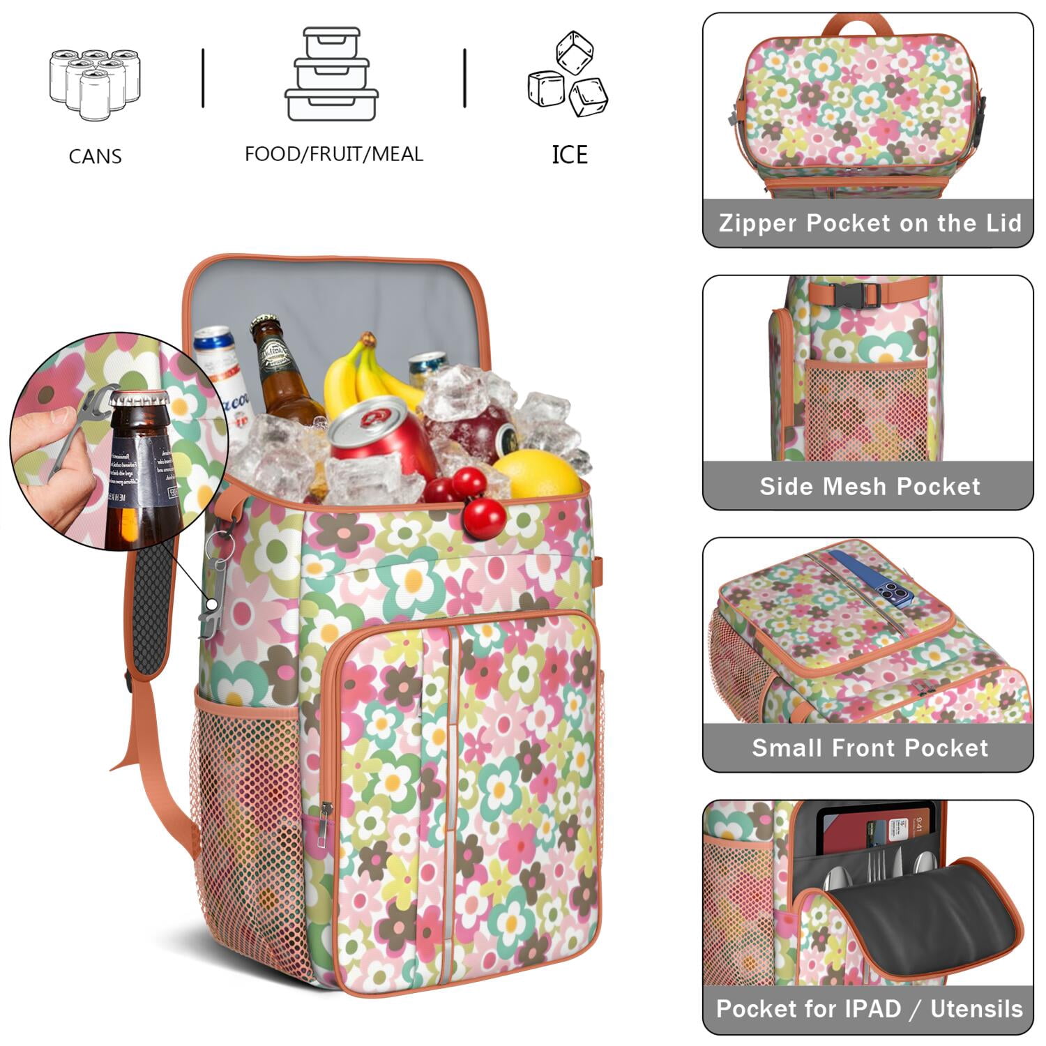 Travel Cooler Bag - Pioneer Flower Floral Print Pattern Camping Beer Cooler Backpack with Bottle Opener- Waterproof Insulated Picnic Backpacks - Cooler Bag for Beach