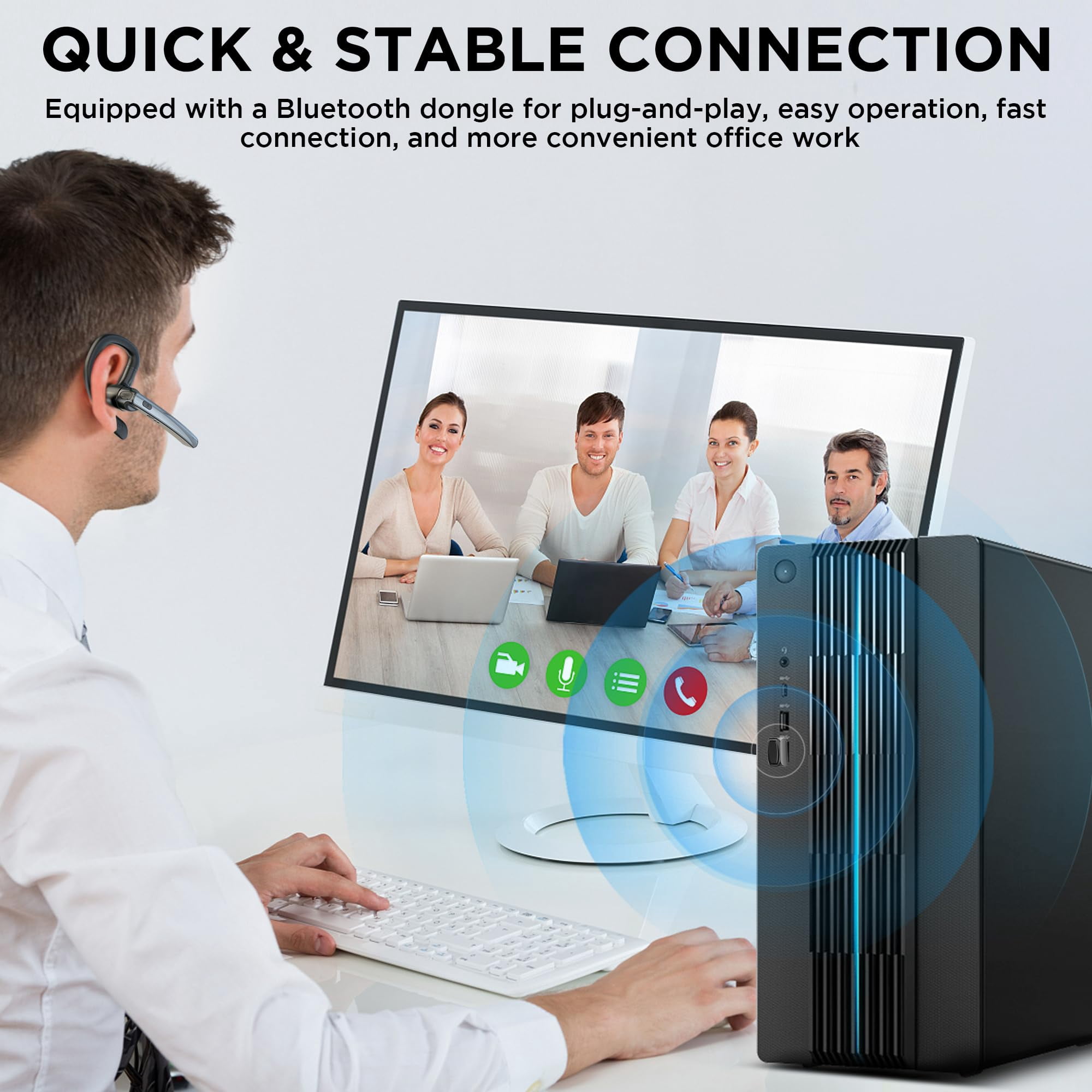 TERUNSOUl Bluetooth Headset V5.3 w/ 600mAh Case 110H Playtime, Mic