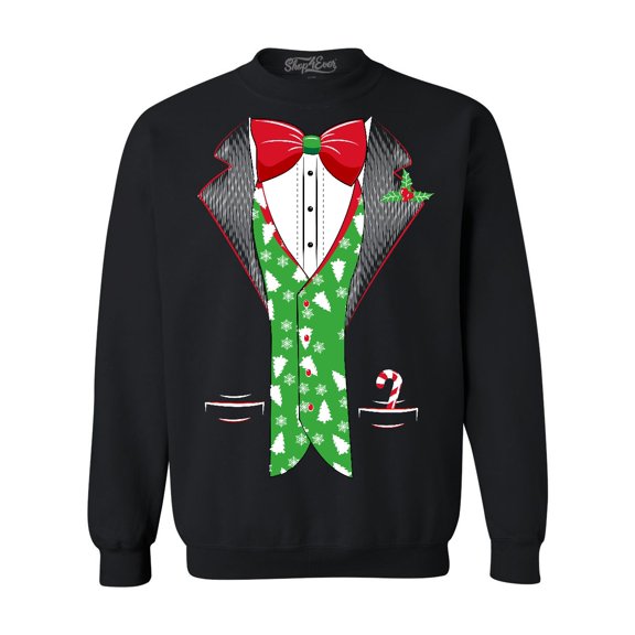 Shop4Ever Men's Christmas Tuxedo with Tree Vest Crewneck Sweatshirt Small Black
