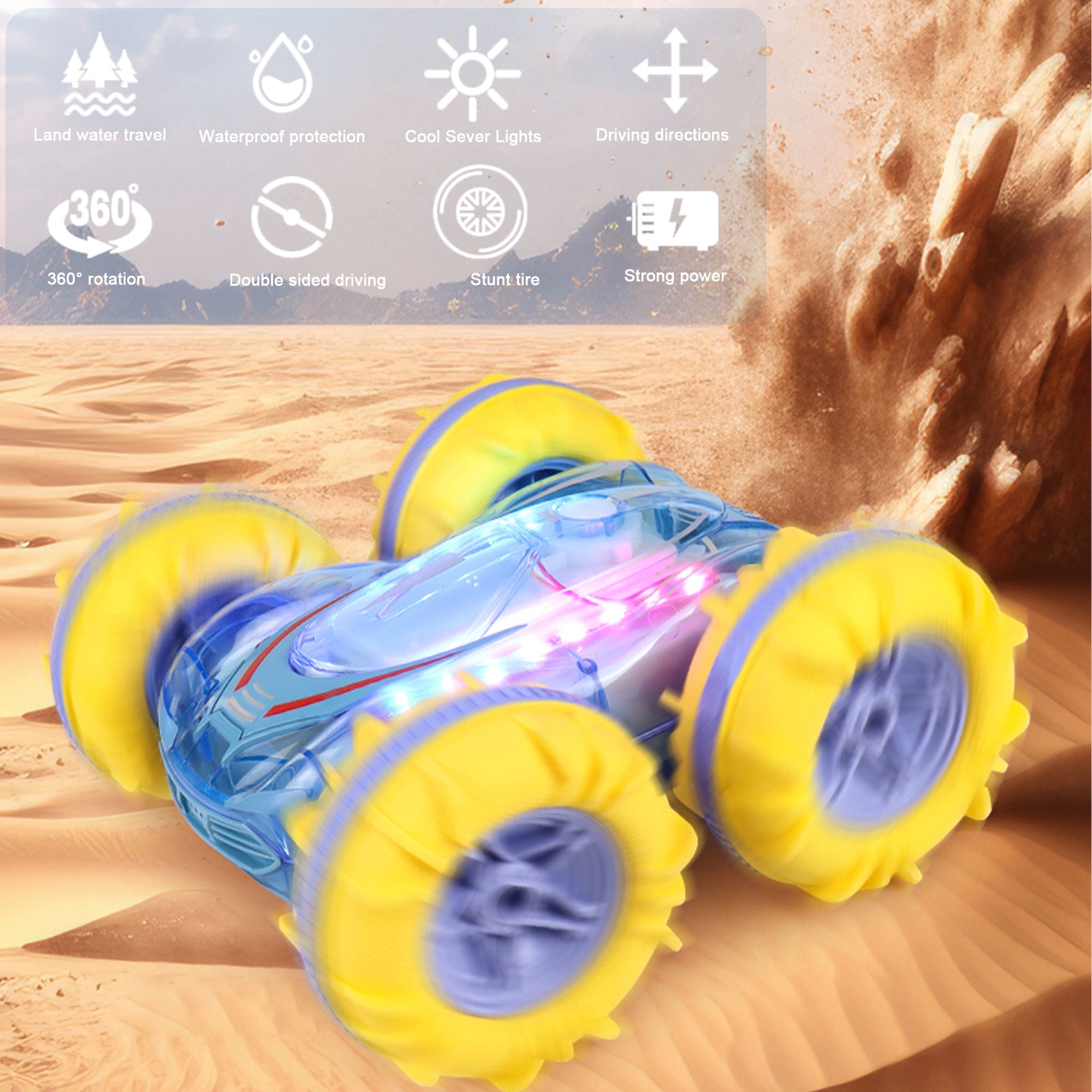 Yexmas Amphibious 4WD RC Stunt Car with LED Lights, 360° Flip, All-Terrain Monster Truck, Water Beach Pool Toys for Boys Girls