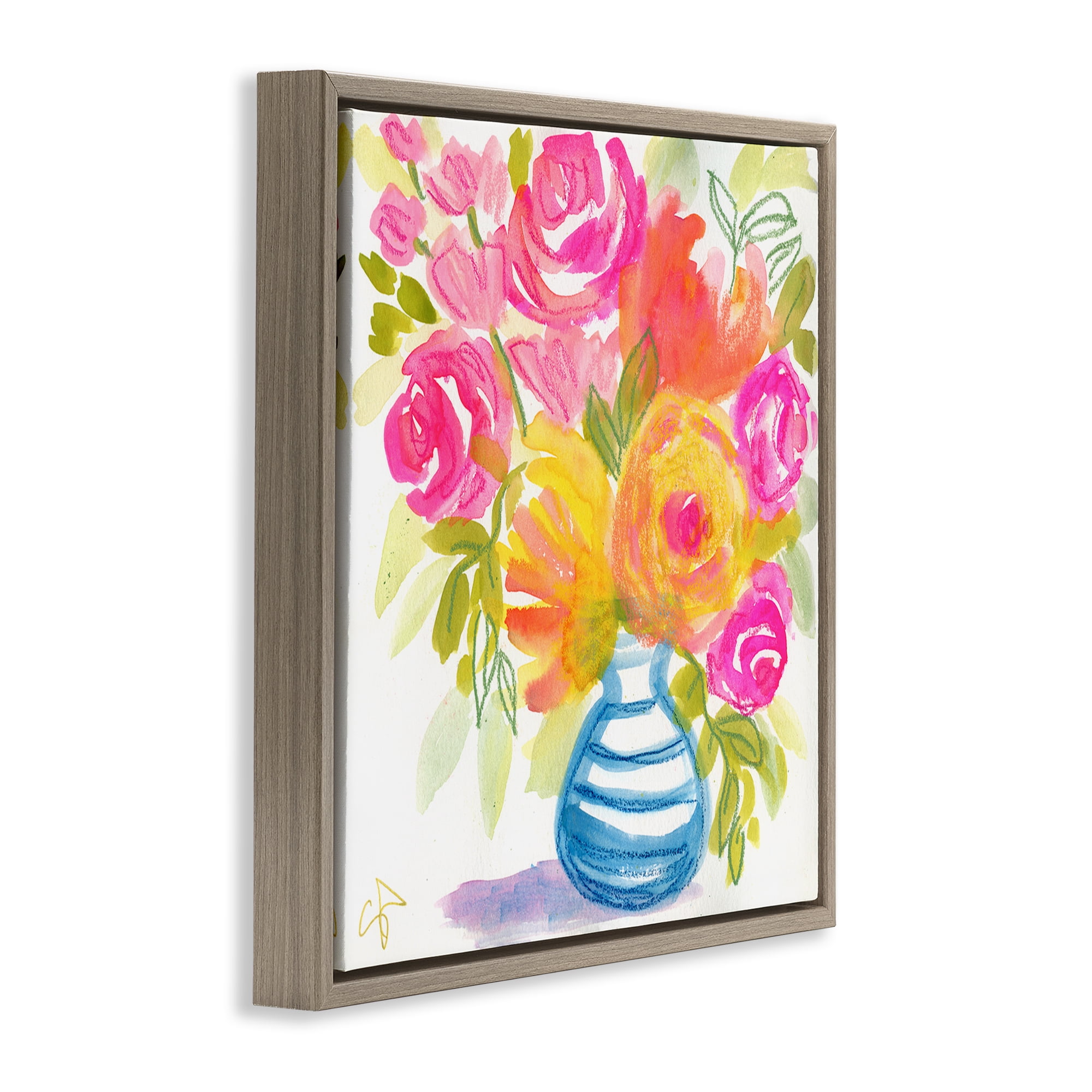 Stupell Industries Pink & Yellow Bouquet Plants & Flowers Painting Brown Floater Framed Canvas Art Print Wall Art, 18 x 18