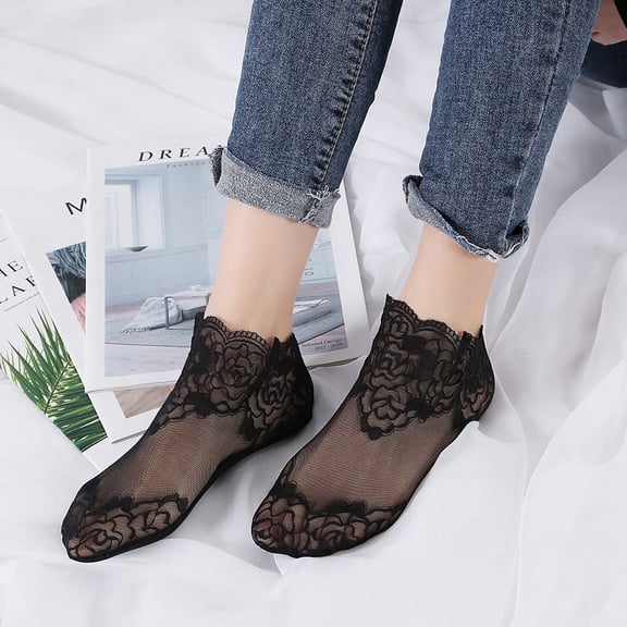 Namzi 3 Pair Lace Socks, Crystal Tulle Summer Socks,01 Black