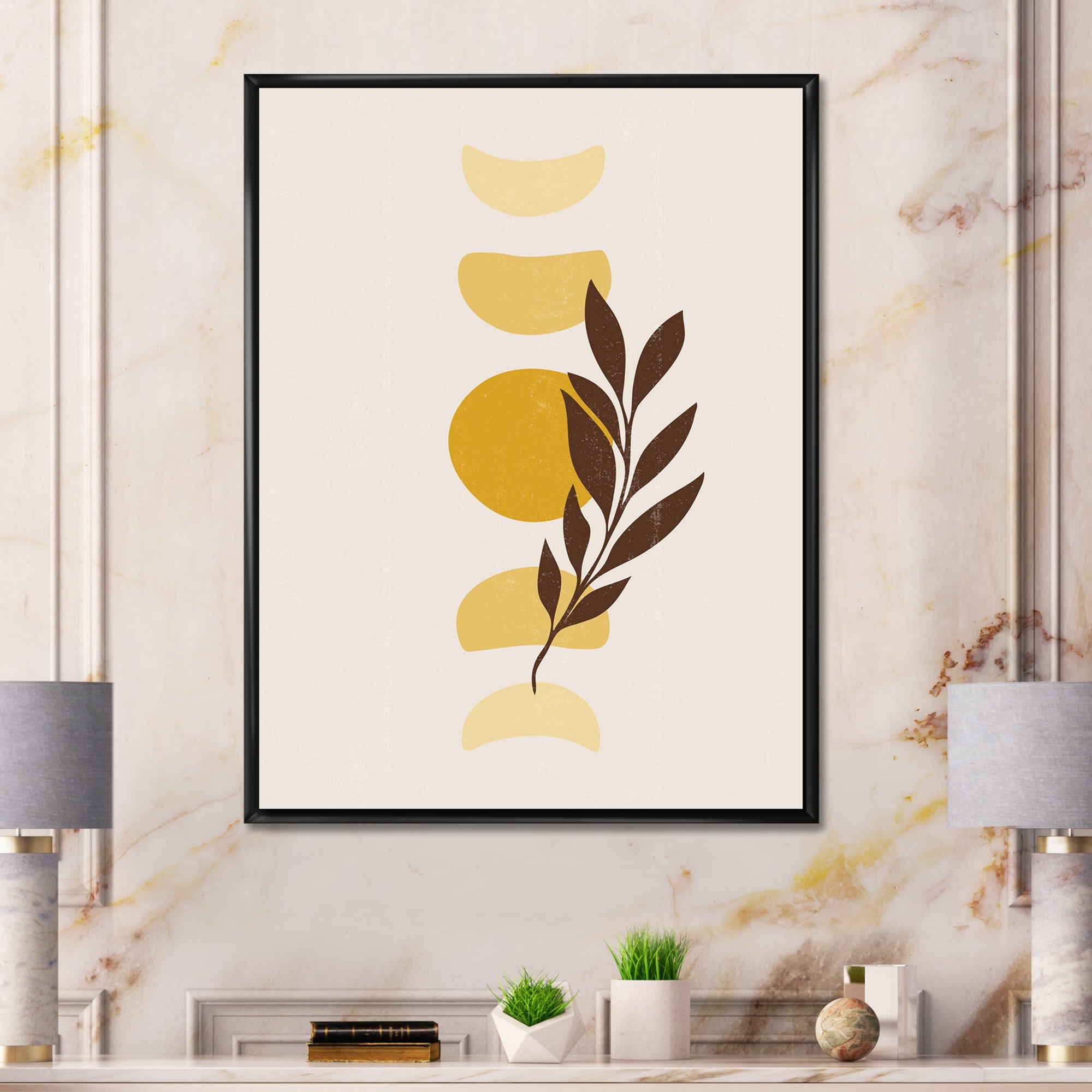 Abstract Geometrical Moon and Sun With Leaf VII 30 in x 40 in Framed Painting Canvas Art Print, by Designart