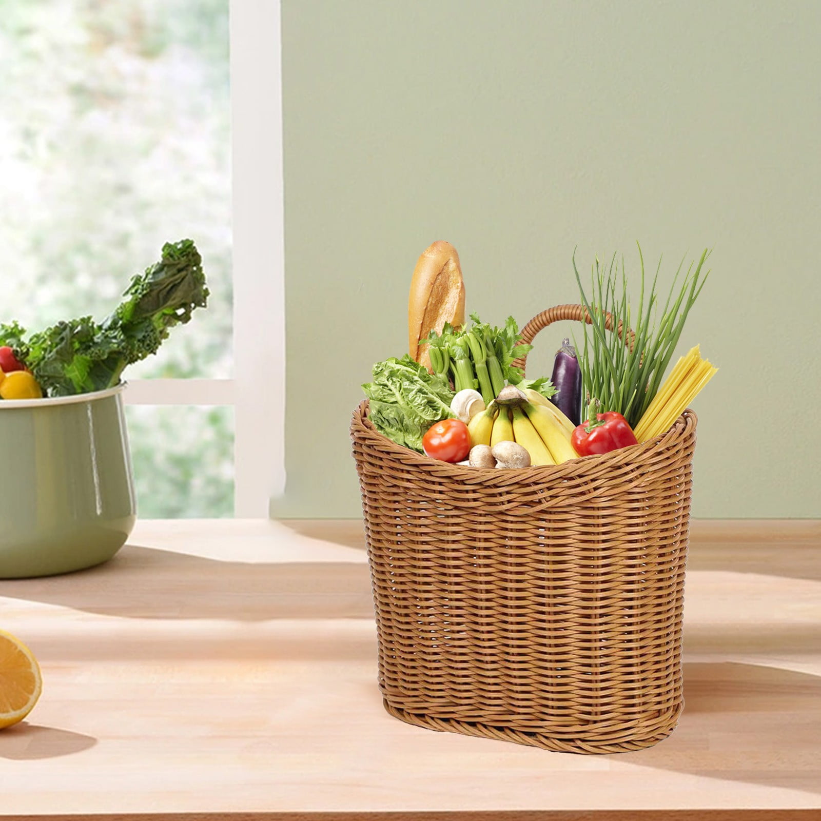 Naittoop Hanging Wicker Basket Hand-Woven Plastic Storage Basket Portable Wall Hanging Flower Basket Organizer Fruit Vegetable Rattan Box Home Decoration Height 8.2 in