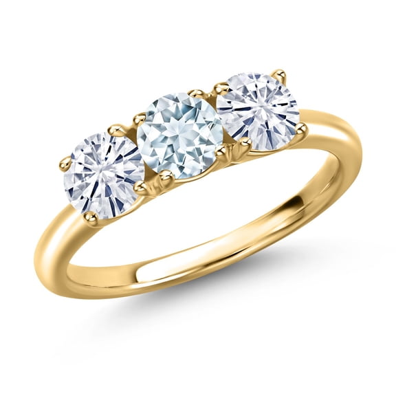 Gem Stone King 18K Yellow Gold Plated Silver Sky Blue Aquamarine and White Moissanite Engagement Ring for Women | 1.50 Cttw | Round 5MM | Gemstone March Birthstone | Size 7