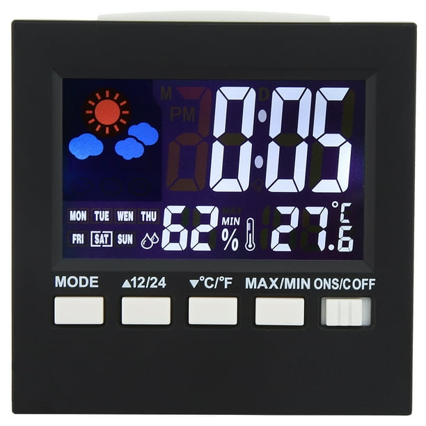 Reloj despertador digital con control de sonido y retroiluminación multiusos, termómetro e higrómetro.