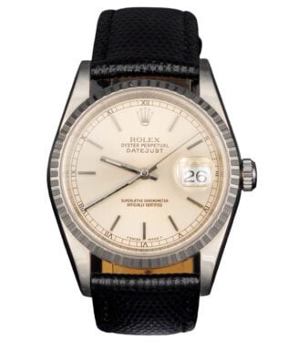 Pre-Owned Mens Rolex Stainless Steel Datejust Watch Silver Dial Black Band 16220