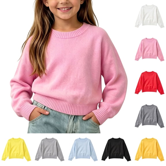 BXJX Girls Knit Cotton Sweaters, Stretchable School Crew Neck Long Sleeve Pullover Tops Pink Size 6 T