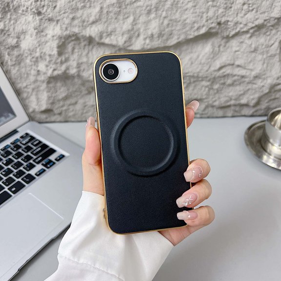 For iPhone 16e Magnetic Phone Case,Made From PU Leather Hard PC,Luxurious Electroplated Frame Designing,Compatible with Mag-safe,Ultra Slim Shockproof Rugged Phone Case,Black