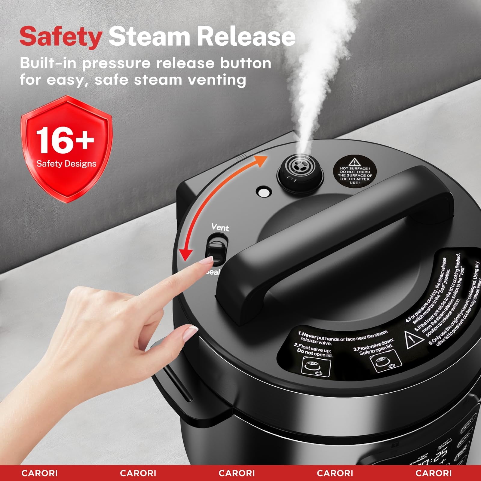 CARORI 9-in-1 Electric Pressure Cooker 6 Qt, Programmable Multi-Function with Safer Vent, Olla de Presion, Rice Cooker, Slow Cooker, Steamer, Sauté, Warmer & Sterilizer, 1000W, Stainless Steel
