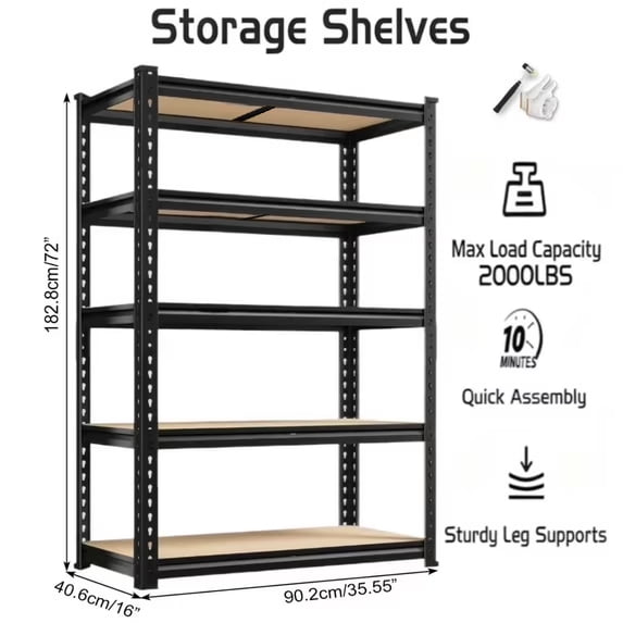 Garage Storage Shelving Units - 5 Tier Metal Shelving, Heavy Duty Racks for Garage Organization, Adjustable Shelves for Basement, Warehouse, Pantry, 72" H x 35.5" W x 15.8" D, 2000lbs Capacity