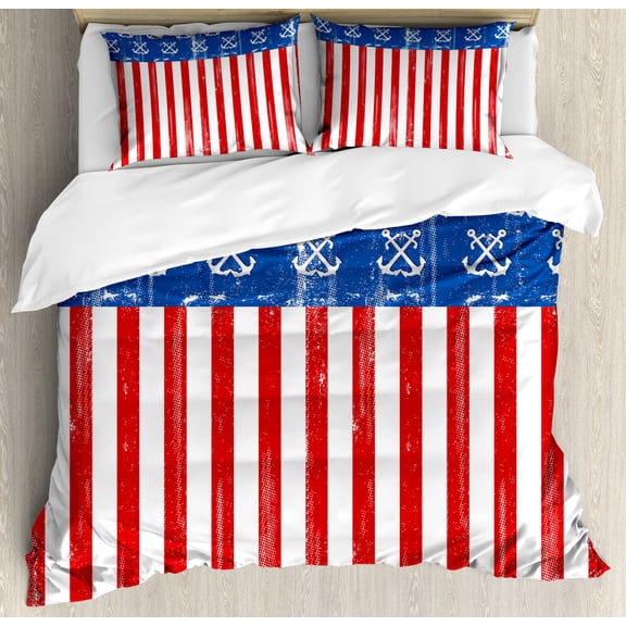 Americana Duvet Cover Set Queen Size, Patriotic Old Glory Design with Anchors and Warm Vertical Stripes, Decorative 3 Piece Bedding Set with 2 Pillow Shams, Vermilion Blue and White, by Ambesonne