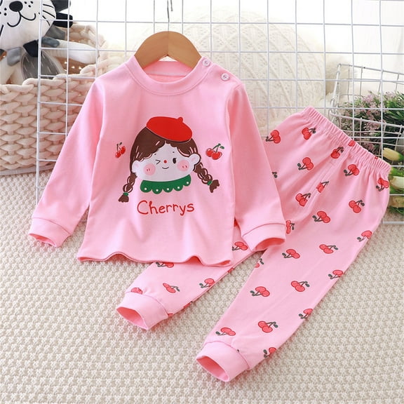 fnnxnal Toddler Girl 3T Pink Cherry Print 100% Cotton 2-Piece Outfit Set - Soft Sleepwear & Loungewear, Skin-Friendly