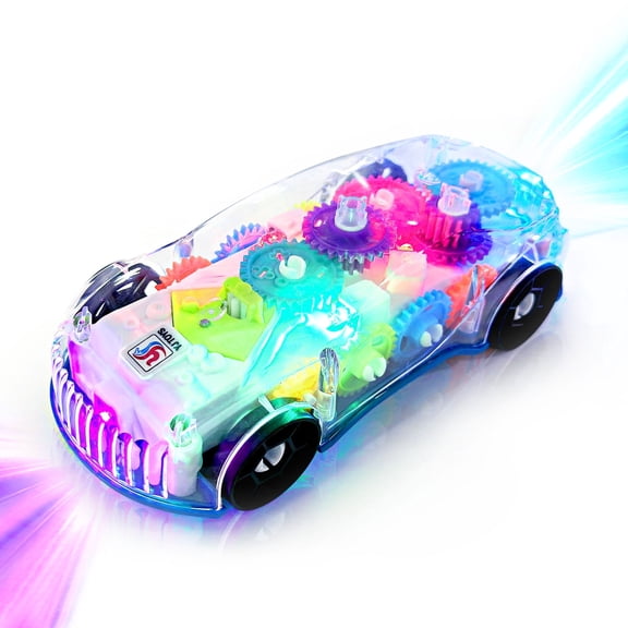 Kid Light Up Transparent Car Toys for Kids, Bump and Go Toy Car with Colorful Moving Gears, Music, and LED Effects, Fun Educational Toy for Kids Toddlers, Great Birthday Gift Idea
