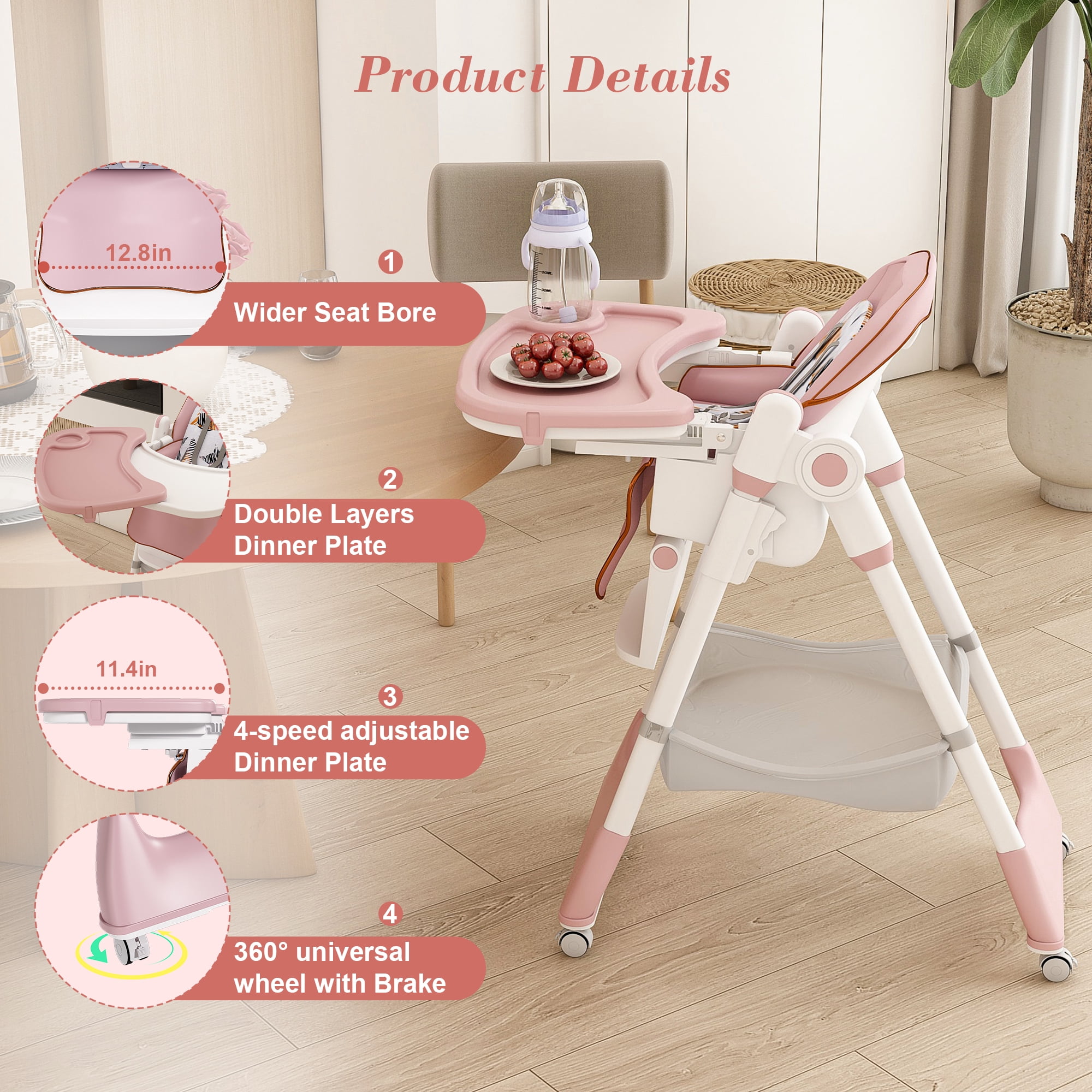 Adjustable Baby High Chair for 0-6 Years, Foldable Infant Feeding Seat with 5-Level Height, 5-Point Safety Belt, Lockable Wheels & Detachable Tray, Easy Clean for Home Use