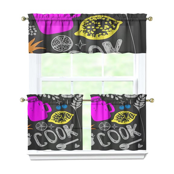 Kitchen Food Cooking Chef Kitchen Curtains and Valances Set - 3 Piece Kitchen Curtains Sets with Valance for Windows Rod Pocket Machine Washable Kitchen Decor Decorations (54"x18" 2x27.5"x24")