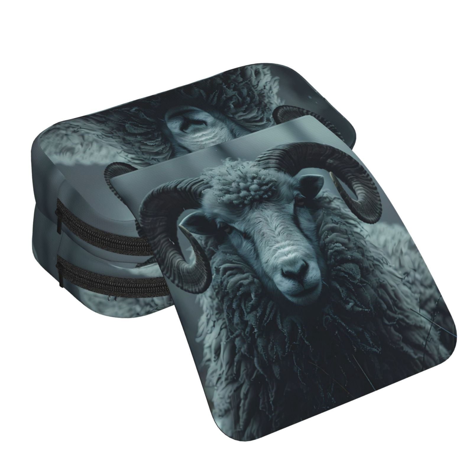Rateoe Moody Ram Portrait Pattern Double Clamshell Pen Case, Storage Organizer with Two Zipper Compartments– Holds Up to 50 Pencils & Pens