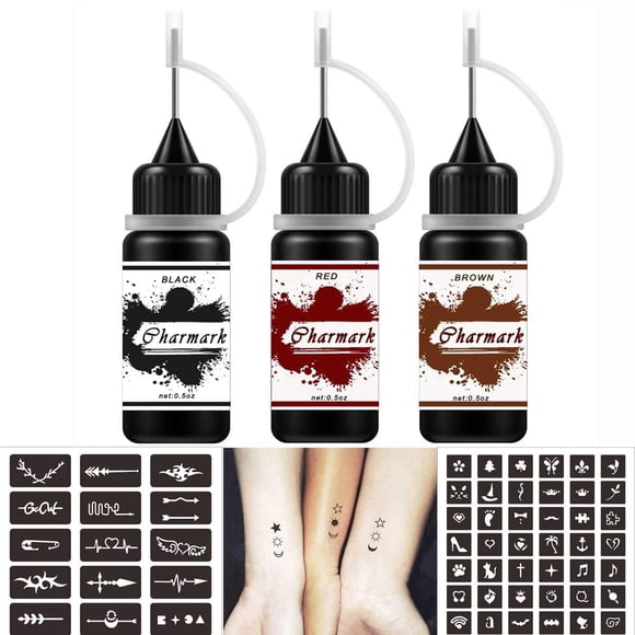 Kit de Tatuajes CHARMARK Tinta Semipermanente 3 Colores 84 Plantillas