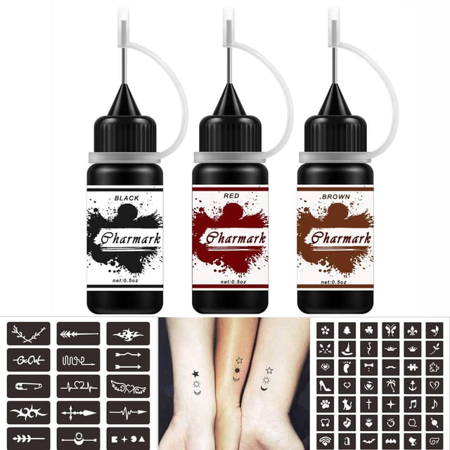 Kit de Tatuajes CHARMARK Tinta Semipermanente 3 Colores 84 Plantillas