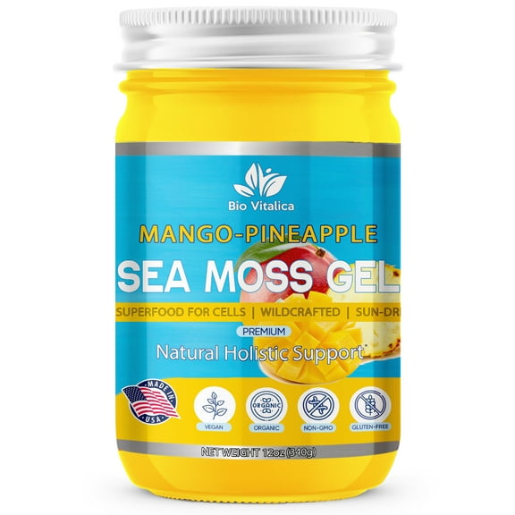 Sea Moss Gel by BioVItalica (Mango Pineapple) - Irish sea Moss Dr Sebi, Vegan superfood for Cells Wildcrafted Irish Sea Moss Gel – Rich in Minerals, Proteins & Vitamins – Antioxidant