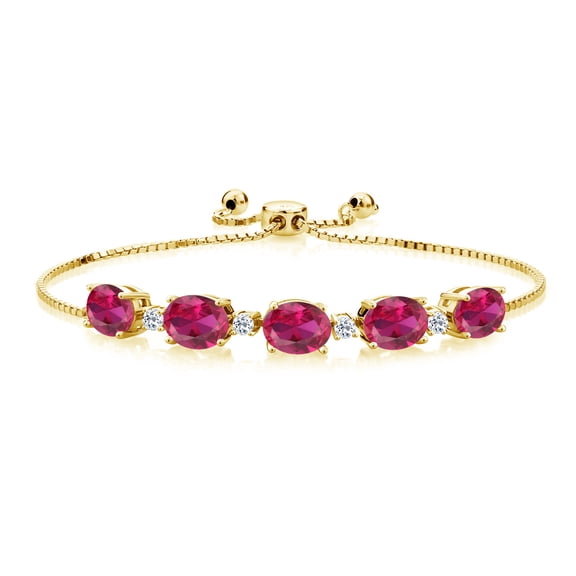 Gem Stone King 18K Yellow Gold Plated Silver Red Created Ruby and White Topaz Tennis Bracelet for Women (7.84 Cttw, Oval 8X6MM, Fully Adjustable up to 9 inch)
