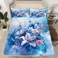 thumbnail image 2 of Homewish Dreamy Lily Floral Bed Sheets for Girl, Blue Watercolor Ink King Sheets, Butterfly Animal Sheet Set, Ultra Soft Bedroom Decor, 4pcs, 2 of 7