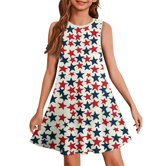 Xyxonk Fourth Of July Dresses for Girls Printed Sleeveless American Flag Patriotic Dresses Cute Independence Day Crewneck Outfits Clothes for Kids 5-14 Years ,Beige