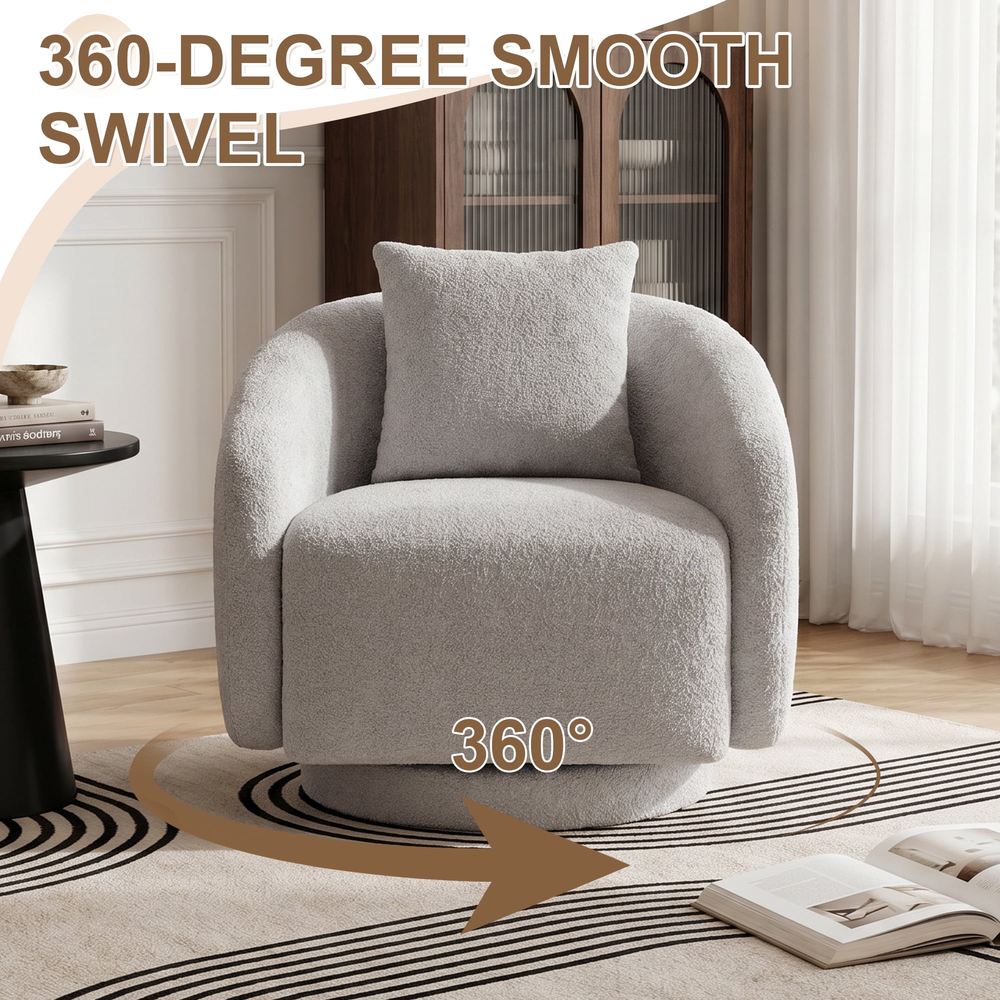 MAYEERTY 28.5" Gray Teddy 360° Swivel Barrel Accent Chair, 300LBS Solid Wood Frame Small Armchair with Pillow for Bedroom Kids Room