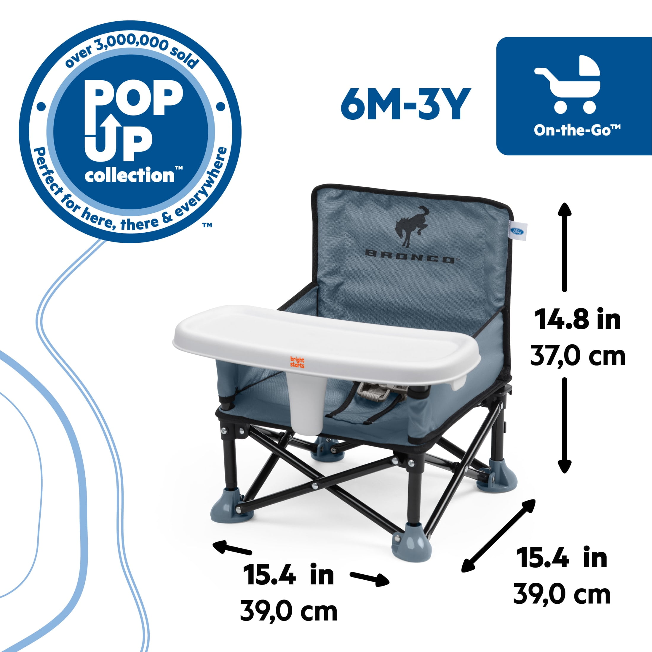 Ford Bronco Pop 'N Sit Portable Booster Chair by Bright Starts, Blue/Gray, Unisex, Infant to Toddler