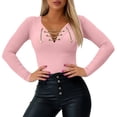 thumbnail image 3 of Women's Solid Color V Neck Long Sleeve Base Layer Top Shirts Blouses Crewneck Casual Daily Wear Work Office Vacation Fashion Essential Gift for Ladies | CSEONE,Pink L, 3 of 9