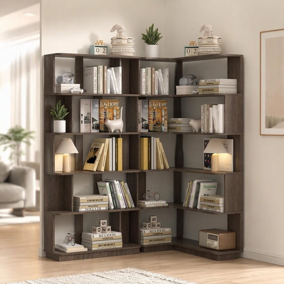 Modular 2-Piece Corner Bookcase Set with Extendable Ladder Shelf, Dark Brown Finish, Versatile Storage for Home Office and Living Room