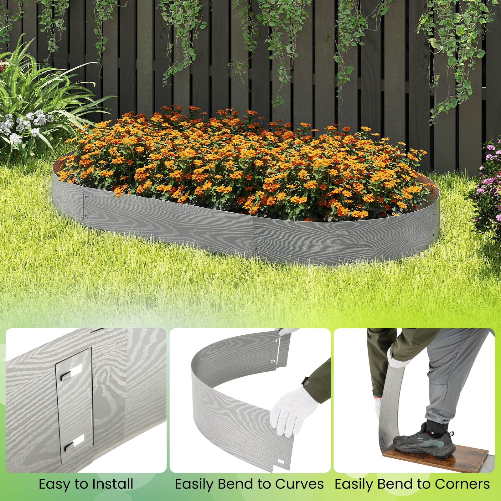Gymax 6-Pack 20 FT Galvanized Metal Landscape Edging Heavy-Duty Metal Patented Garden Border