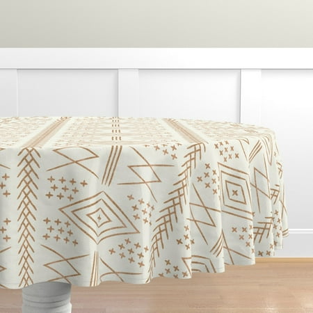

Cotton Sateen Tablecloth 70 Round - Vintage Moroccan Bone Dark Maple Beige Boho Trendy Tribal Farmhouse & Modern Bohemian Home Geometric Print Custom Table Linens by Spoonflower