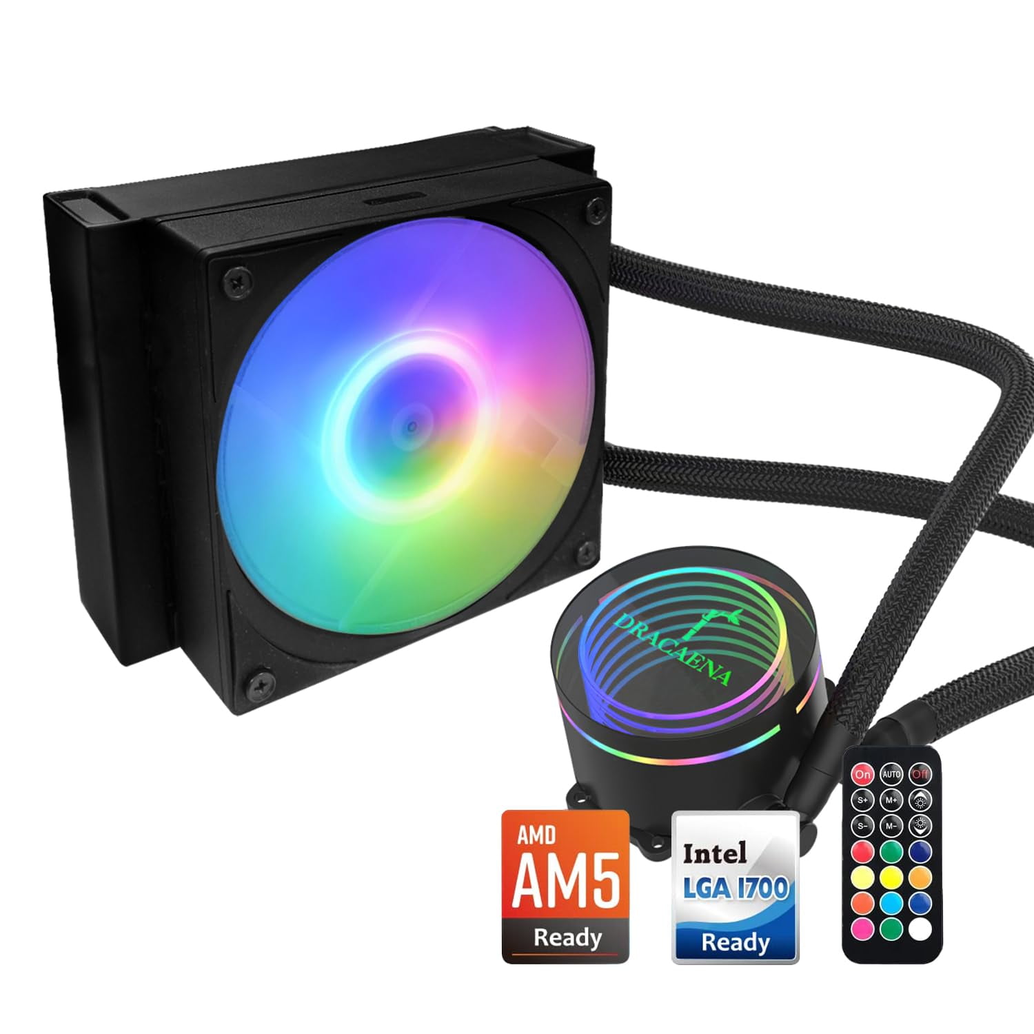 Dracaena.io 120mm AIO CPU Cooler, Intel & AMD, ARGB, PWM, 180W TDP, Black